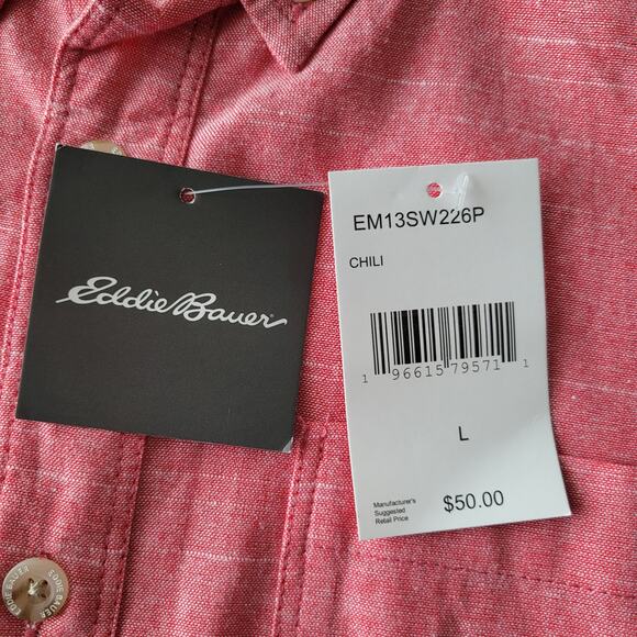 NWT Eddie Bauer Men’s Red Chambray Cotton Short Sleeve Button Down Shirt Size L - Picture 4 of 11